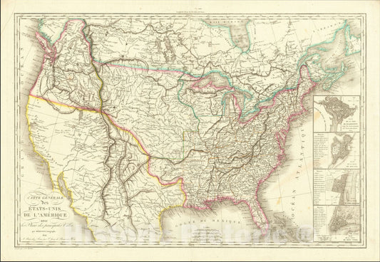 Historic Map : Carte Generale Des Etats-Unis De L'Amerique avec les Plans des principales Villes, 1826, 1826, Eustache Herisson, Vintage Wall Art