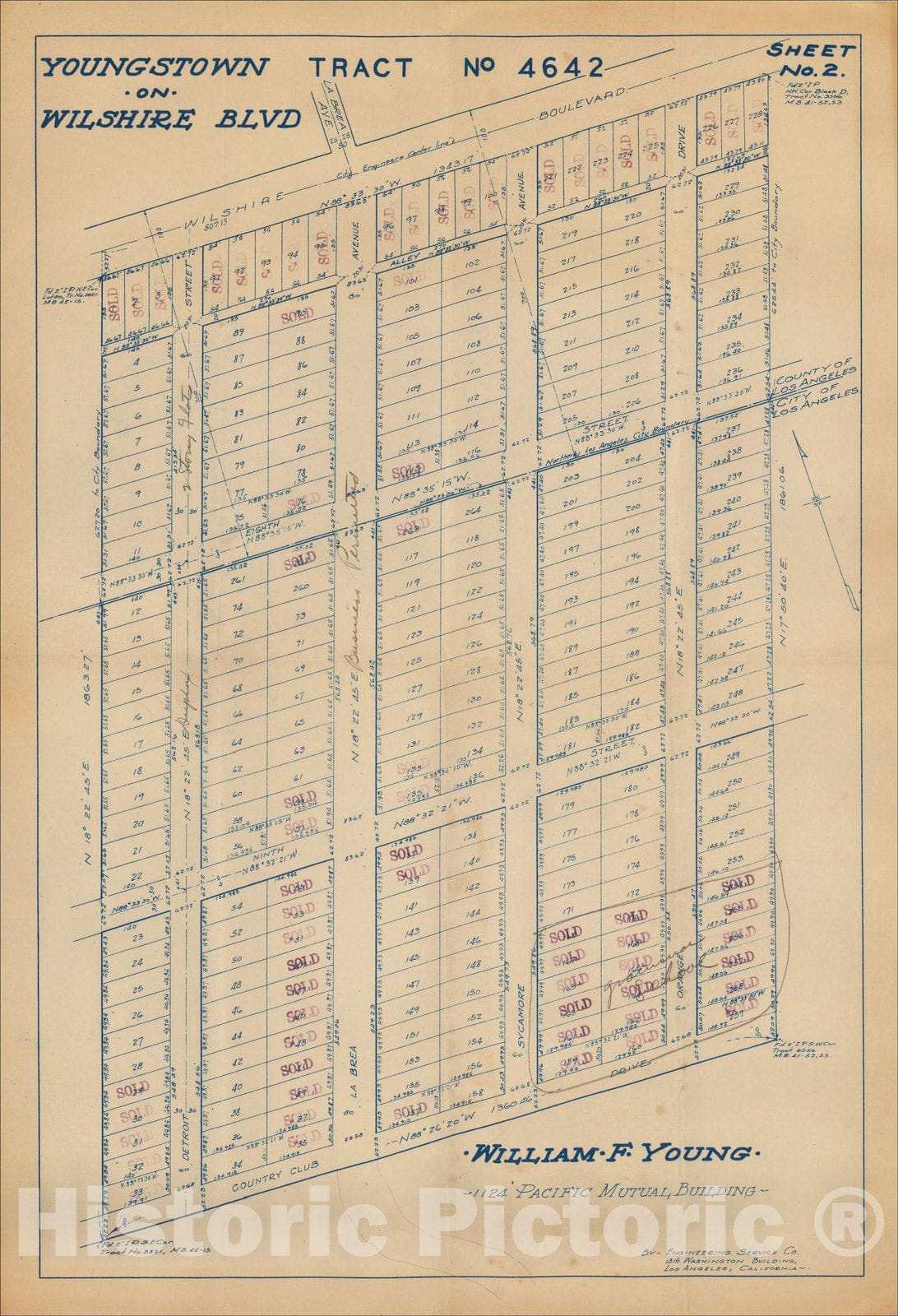 Historic Map : Youngstown on Wilshire Blvd. Tract. No. 4642 William F. Young, c1923, Engineering Service Company, Vintage Wall Art