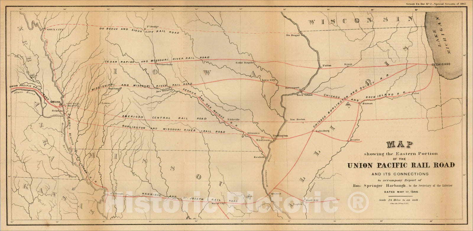 Historic Map : Map showing the Eastern Portion of the Union Pacific Rail Road, 1867, United States GPO, Vintage Wall Art