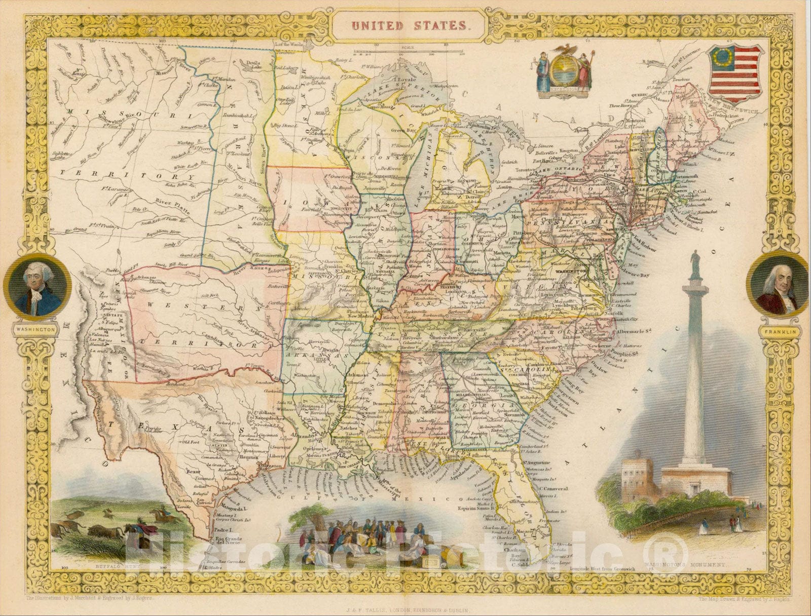 Historic Map : United States, 1851, John Tallis, v4, Vintage Wall Art