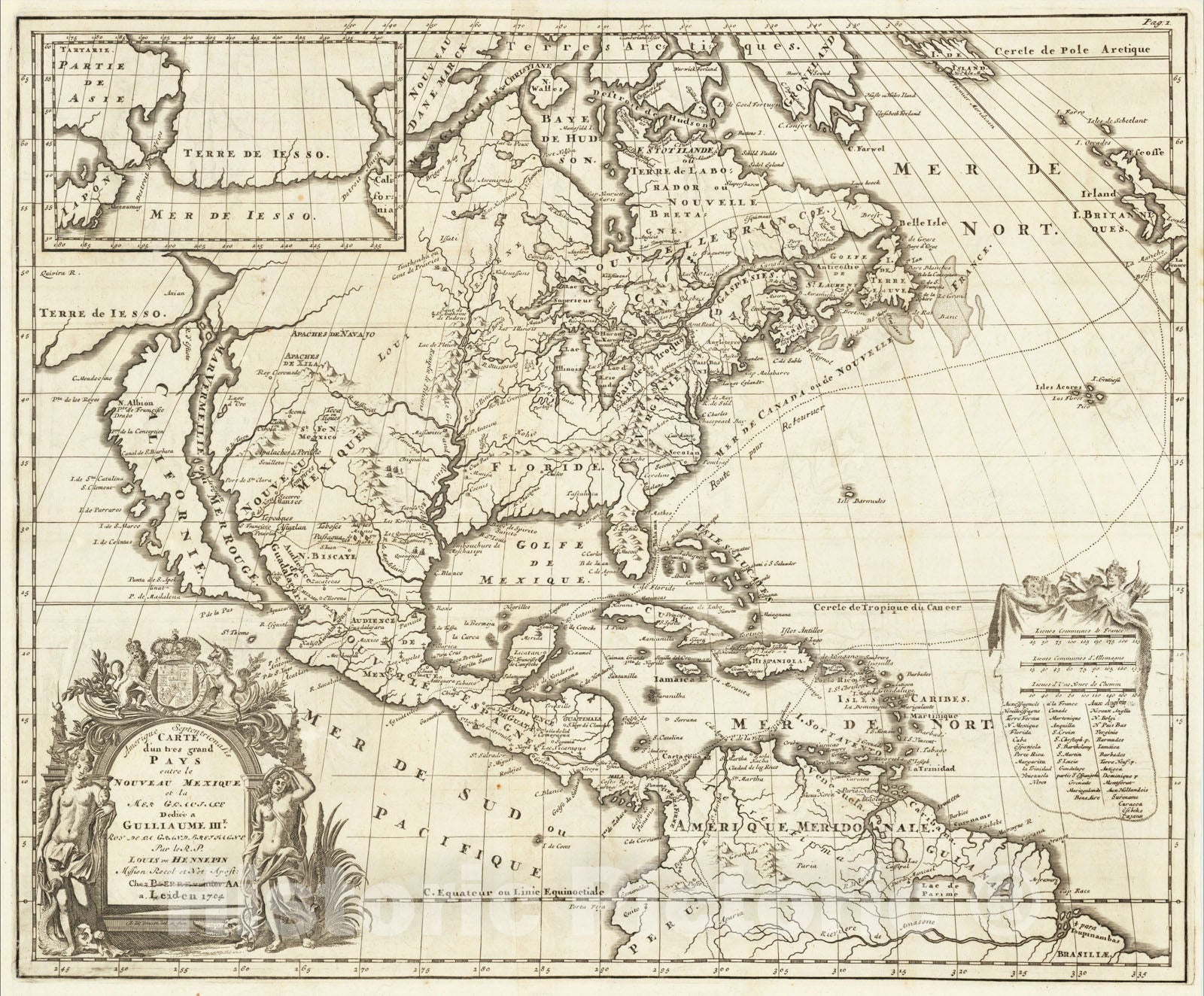 Historic Map : Amerique Septentrionalis Carte d'un tres grand Pays entre le Nouveau Mexique et la Mer Glaciale, 1701, Louis de Hennepin, Vintage Wall Art