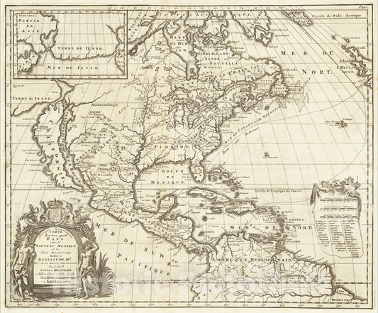 Historic Map : Amerique Septentrionalis Carte d'un tres grand Pays entre le Nouveau Mexique et la Mer Glaciale, 1701, Louis de Hennepin, Vintage Wall Art