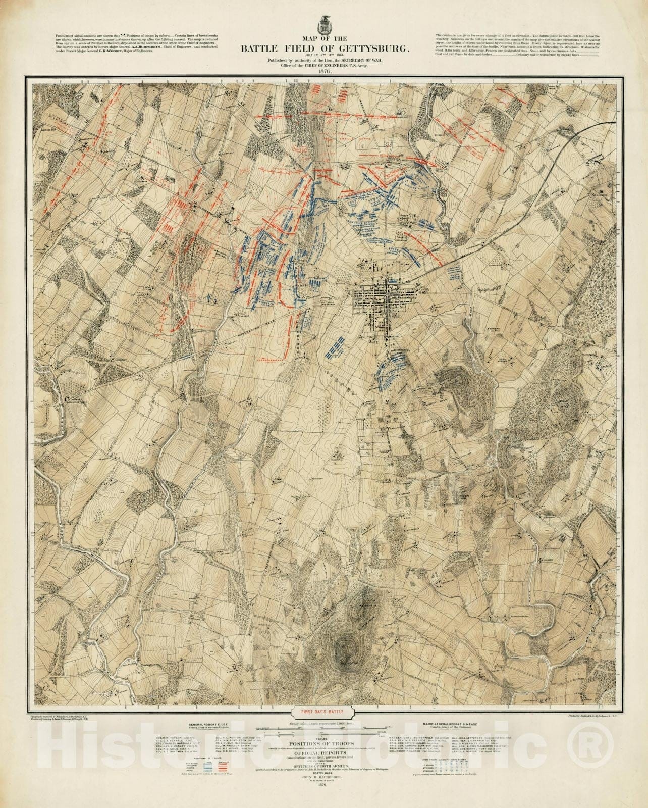 Historic Map : Map of the Battlefield of Gettysburg July 1st, 2nd, 3rd 1863 (1st day), 1876, v2, Vintage Wall Art