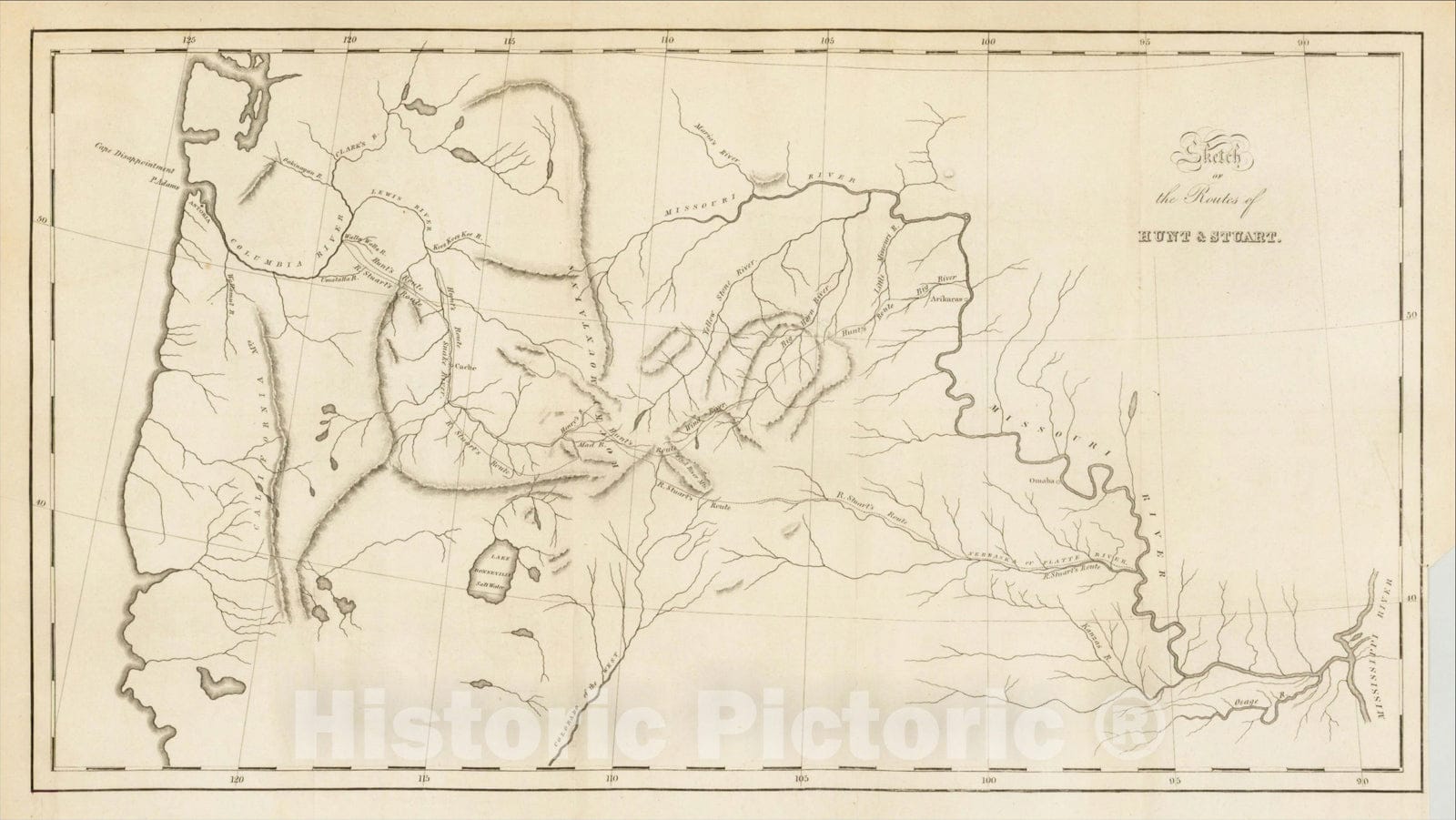 Historic Map : Sketch of the Routes of Hunt & Stuart, 1836, Carey, Lea & Blanchard, v2, Vintage Wall Art
