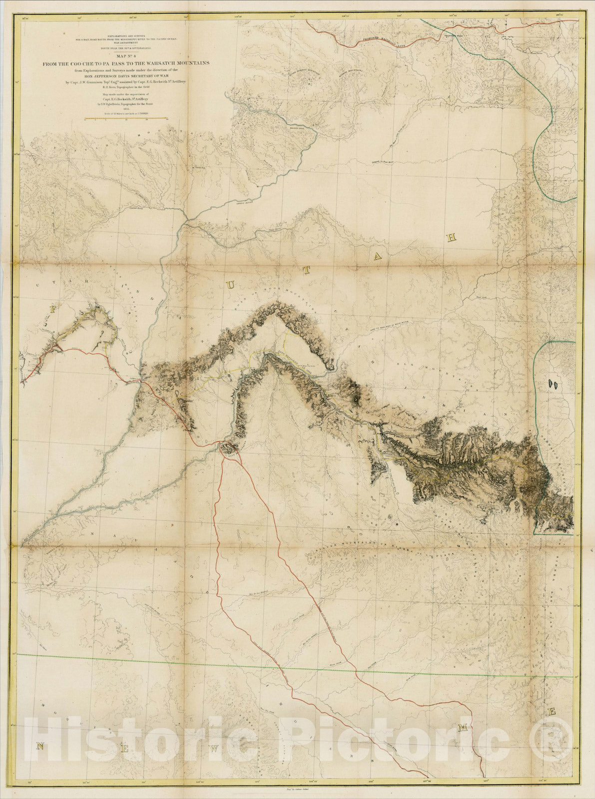 Historic Map : Map No.4. From the Coo-Che-To-Pa Pass to the Wahsatch Mountains, by Capt. J.W. Gunnison, 1855, 1861, , Vintage Wall Art