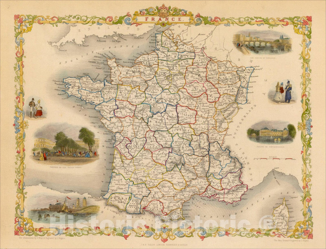 Historic Map : France, 1851, John Tallis, v2, Vintage Wall Art