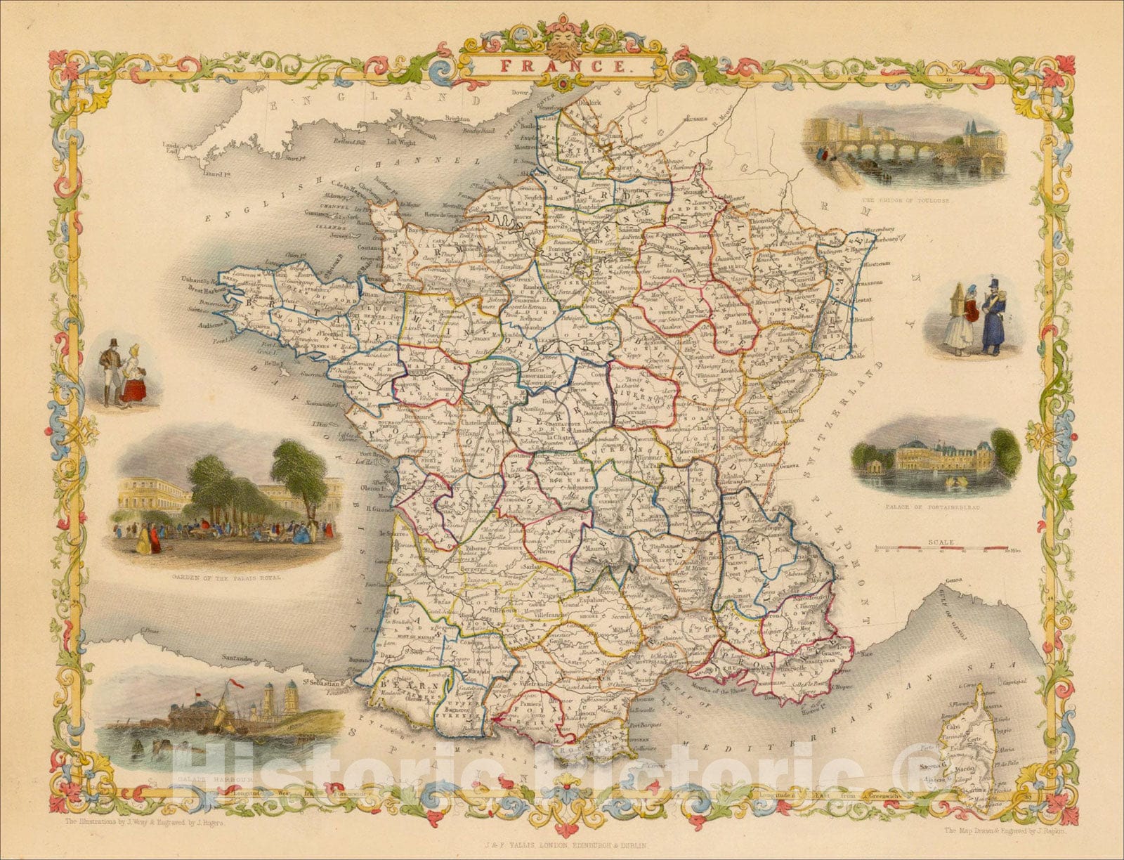 Historic Map : France, 1851, John Tallis, v2, Vintage Wall Art