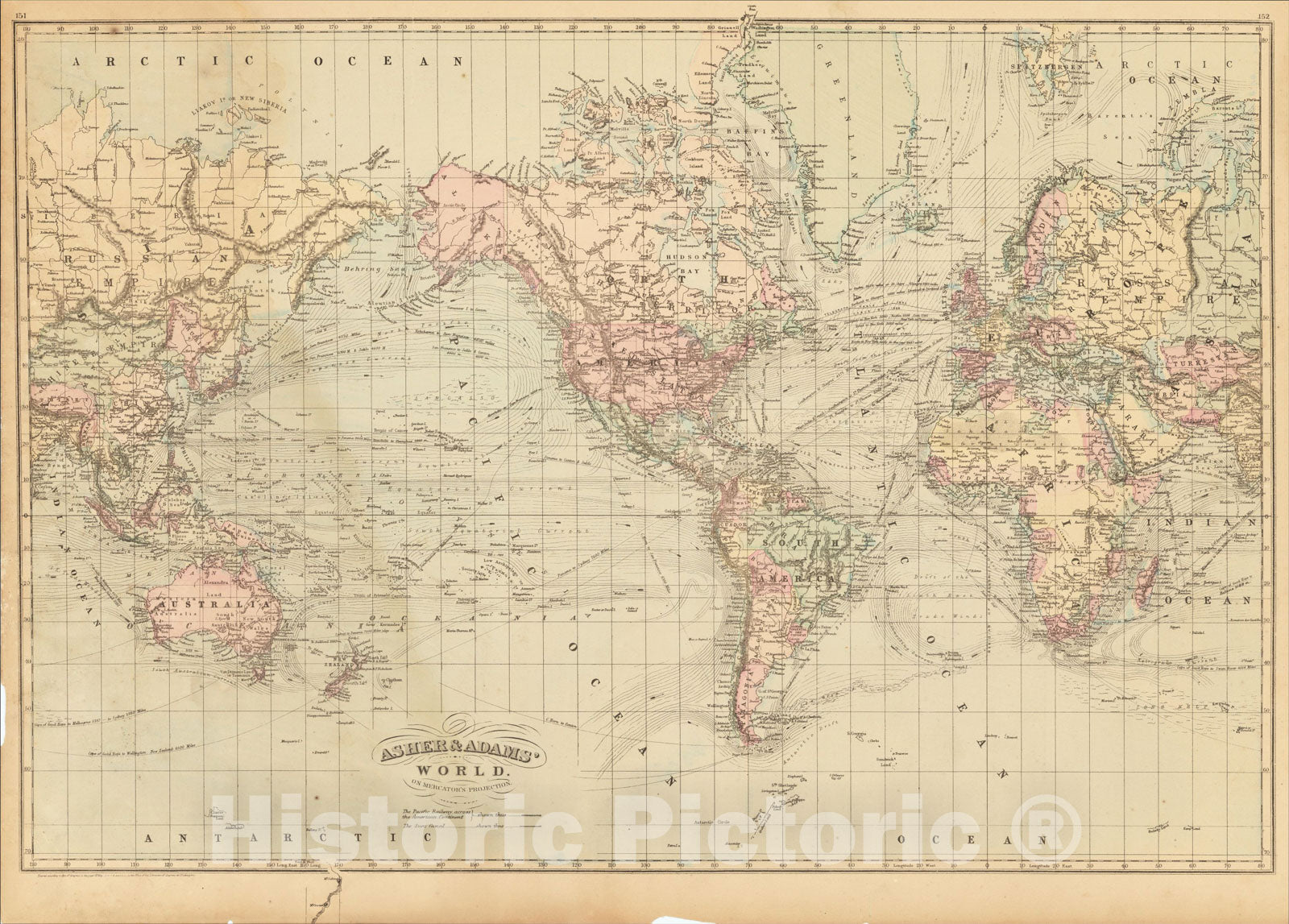 Historic Map : Asher and Adams' World on Mercator's Projection, 1872, Asher, Vintage Wall Art
