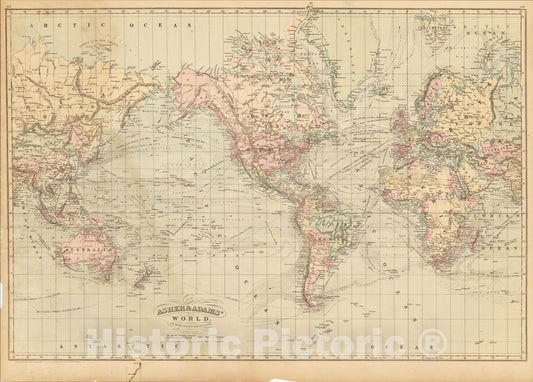 Historic Map : Asher and Adams' World on Mercator's Projection, 1872, Asher, Vintage Wall Art