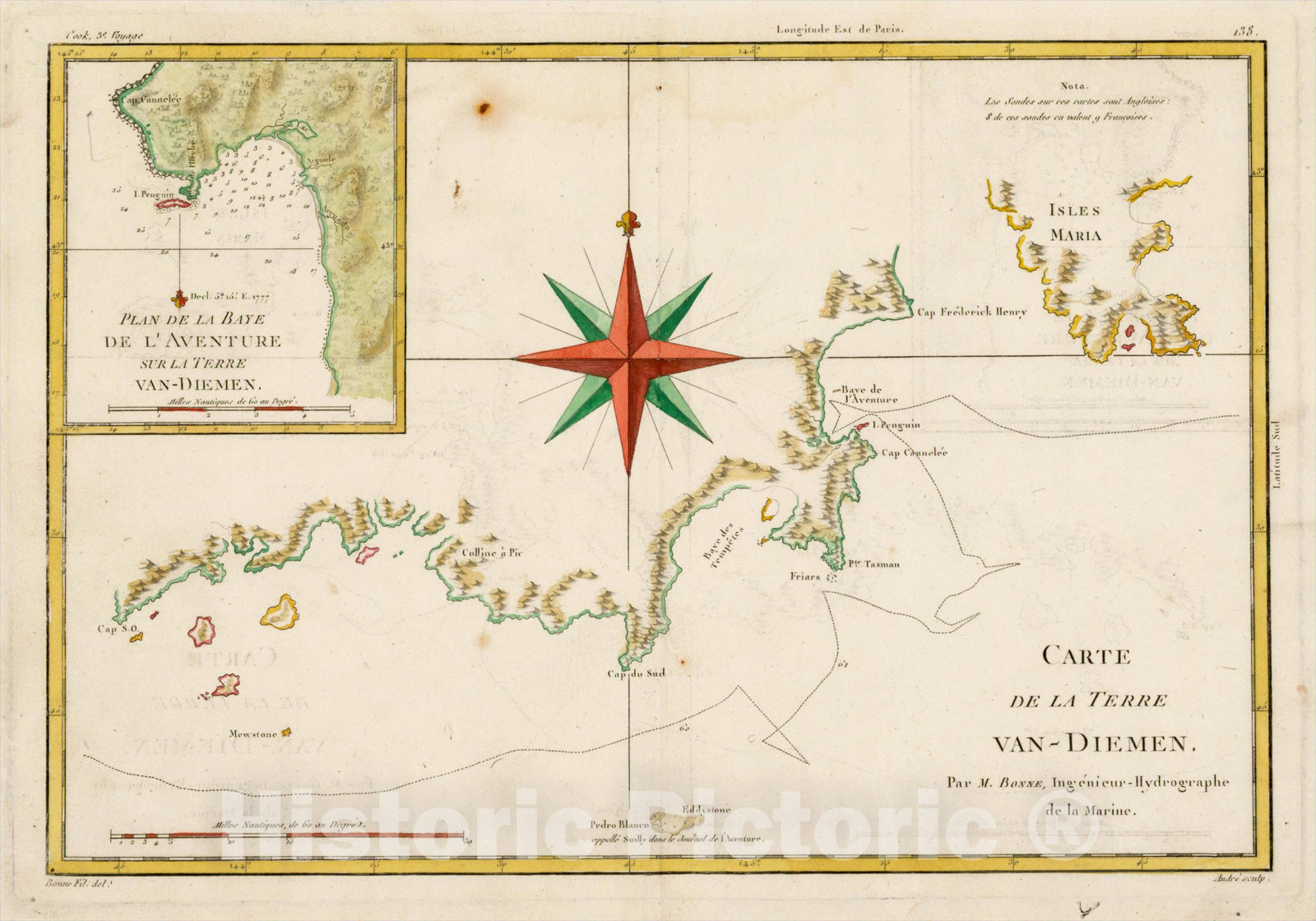 Historic Map : Carte de la Terre Van-Diemen, 1787, Rigobert Bonne, Vintage Wall Art