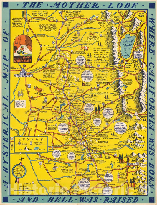 Historic Map : A Hysterical Map Of The Mother Lode Where California Born and Hell Was Raised, 1948, Lindgren Brothers, Vintage Wall Art
