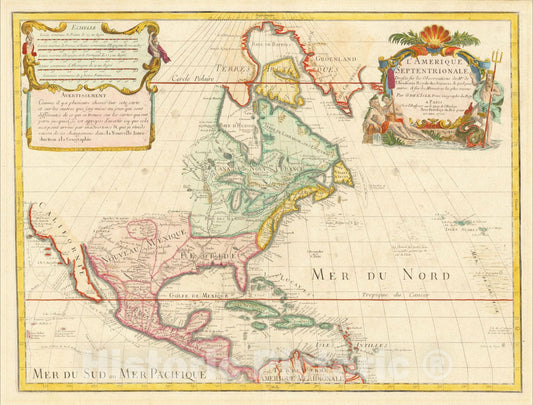Historic Map : L'Amerique Septentrionale Dressee sur les Observations de Mrs. de l'Academie Royale des Sciences Rue des Canettes, 1708, Guillaume De L'Isle, Vintage Wall Art
