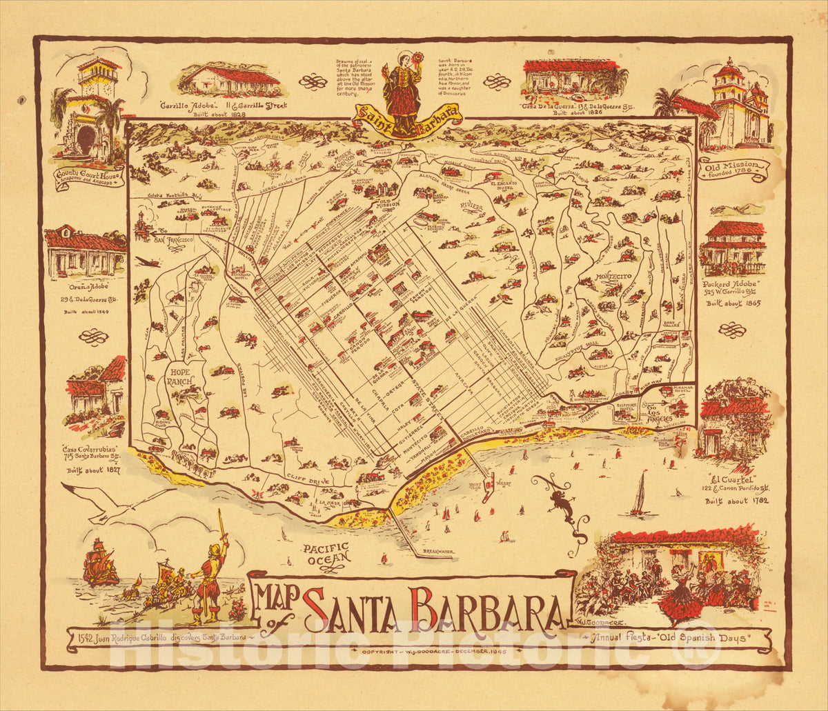 Historic Map : Map of Santa Barbara, 1930, William Johnson Goodacre, Vintage Wall Art