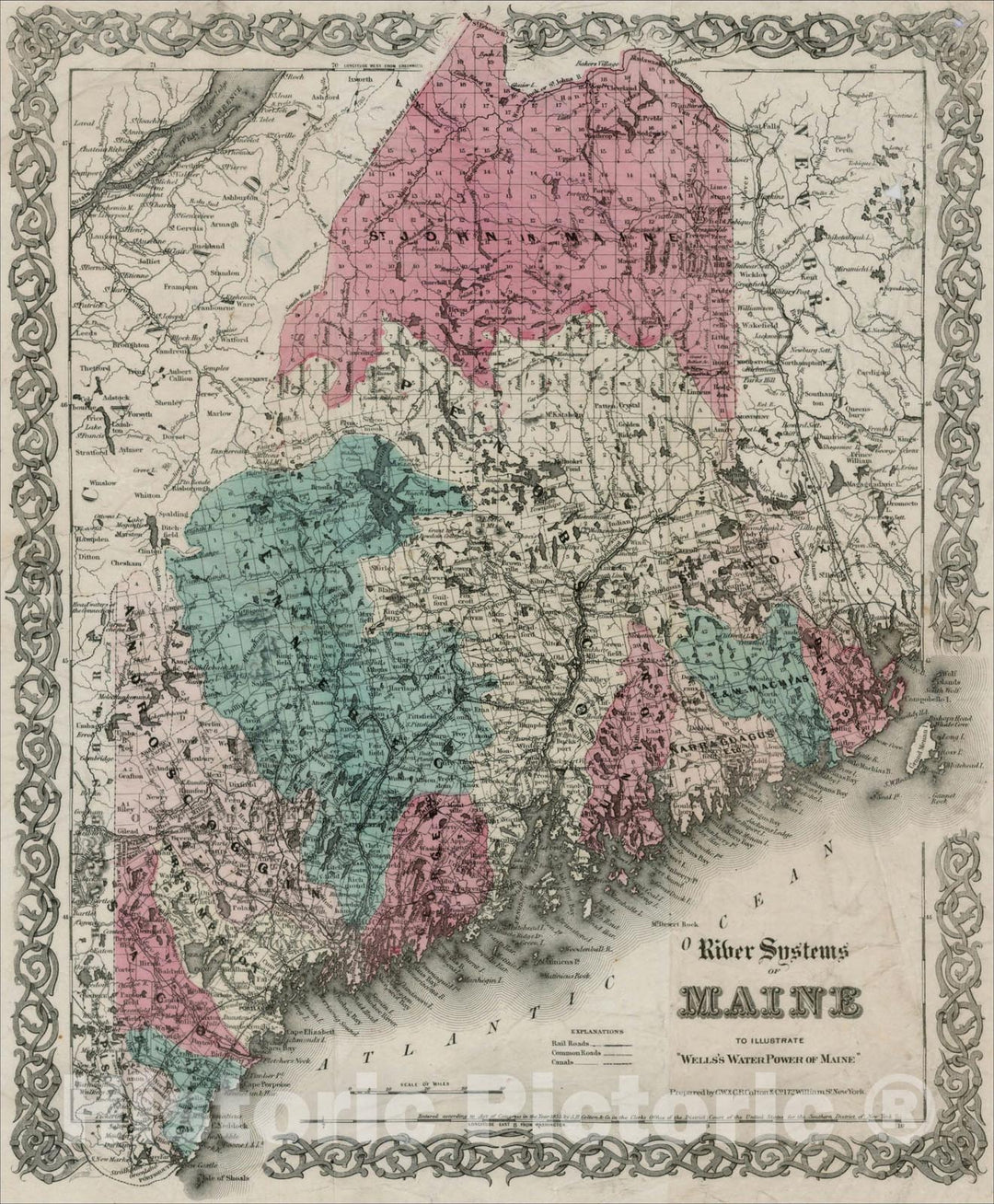 Historic Map : River Systems of Maine To Illustrate Wells's Water Power of Maine, c1880, , Vintage Wall Art