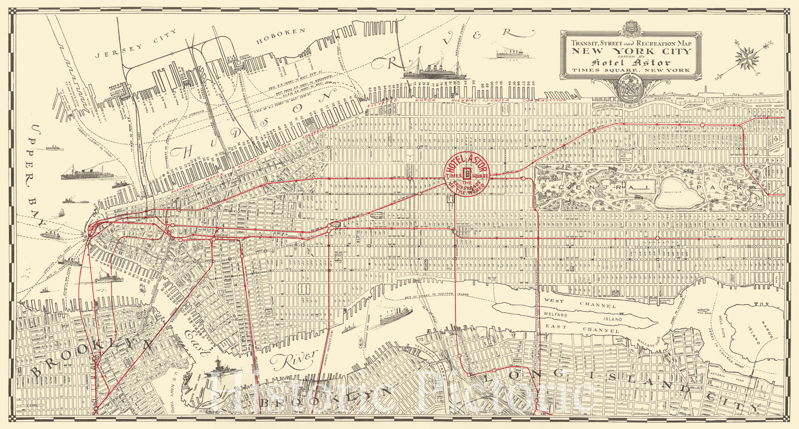 Historic Map : Transit, Street and Recreation Map New York City Issued By Hotel Astor Times Square, New York, c1930, Anonymous, Vintage Wall Art