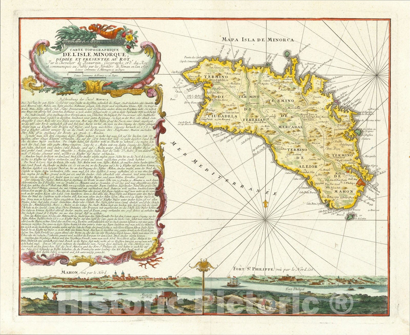 Historic Map : Carte Topographique De L'Isle Minorque Dediee Et Presentee Au Roy, Par le Chevalier de Beaurain? 1757, 1757, Homann Heirs, Vintage Wall Art
