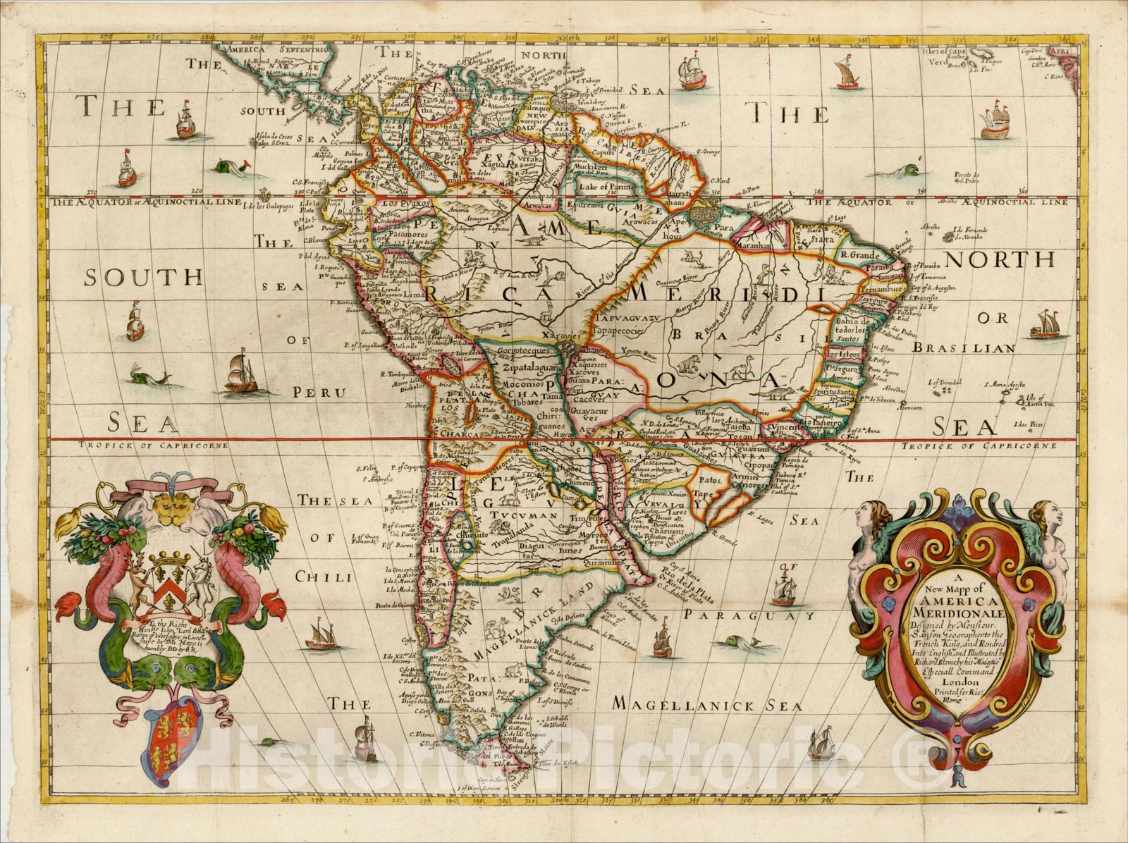 Historic Map : A New Mapp of America Meridionale, 1669, 1670, Richard Blome, Vintage Wall Art