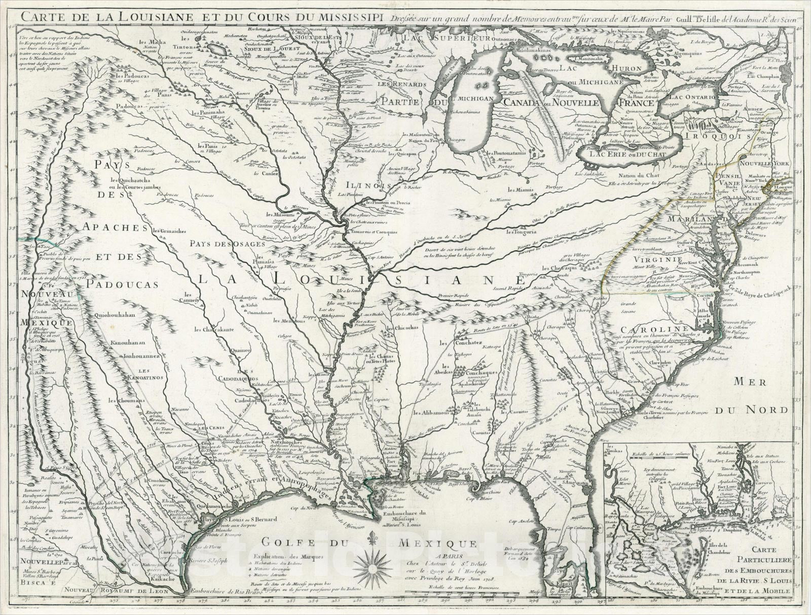 Historic Map : Carte De La Louisiane Et Du Cours Du Mississipi, Juin 1718, 1718, , Vintage Wall Art