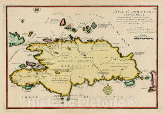 Historic Map : L'Isle St. Domingue ou Espagnole. Decouverte en 1492 par les Espagnols, 1715, 1715, Nicolas de Fer, Vintage Wall Art