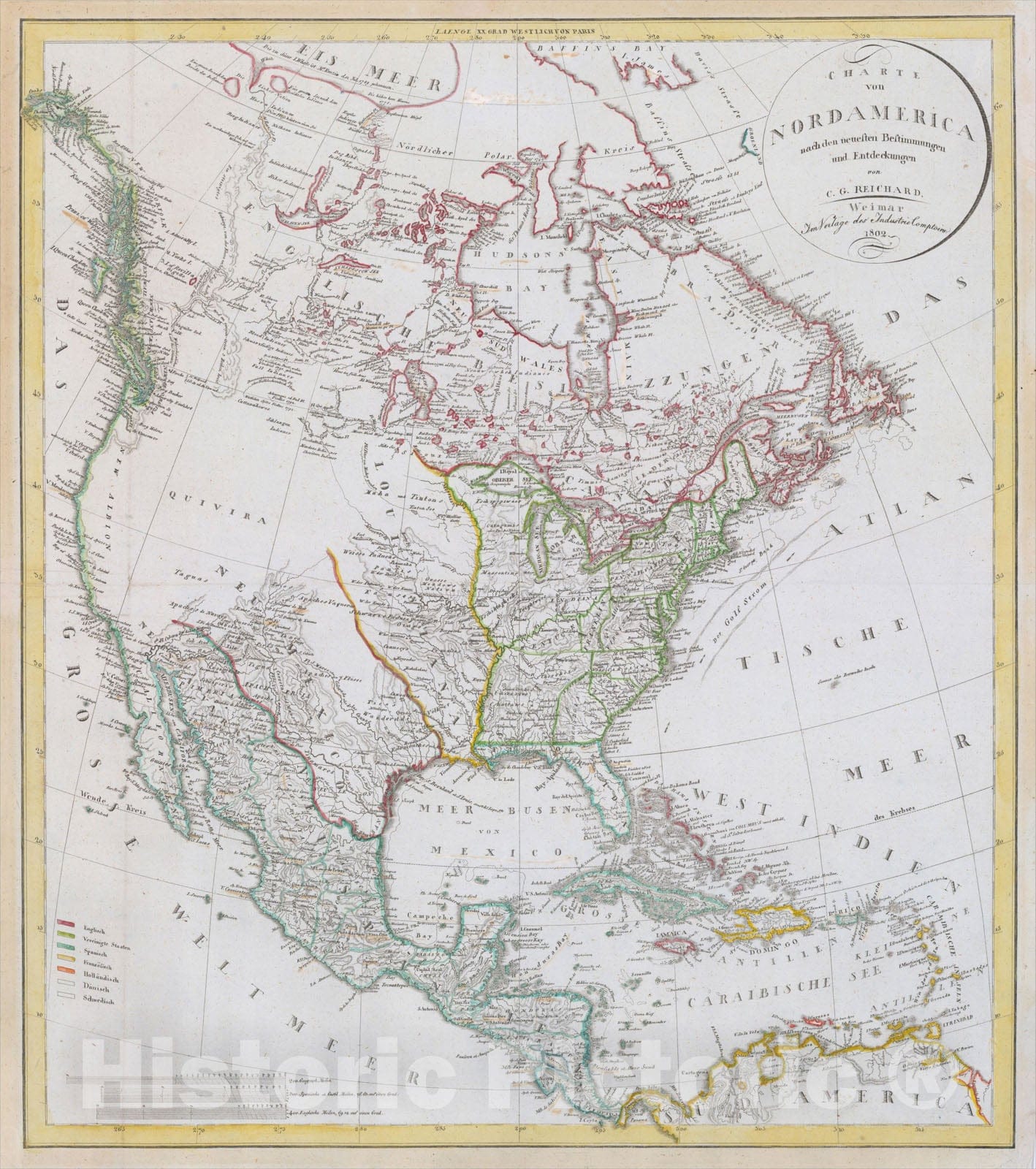 Historic Map : Charte Von Nord America nach den neuesten Bestimmungen von C.G. Reichard, 1802 (Shows the State of Franklin), 1802, Christian Gottlieb Reichard, Vintage Wall Art