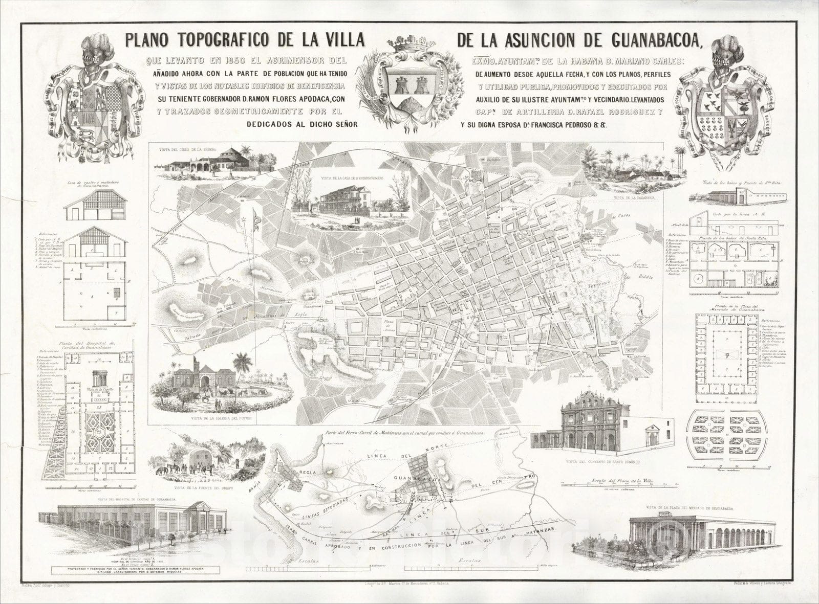 Historic Map : Plano Topografico de la Villa de la Asuncion de Guanabacoa, 1856, Rafael Rodriguez, Vintage Wall Art