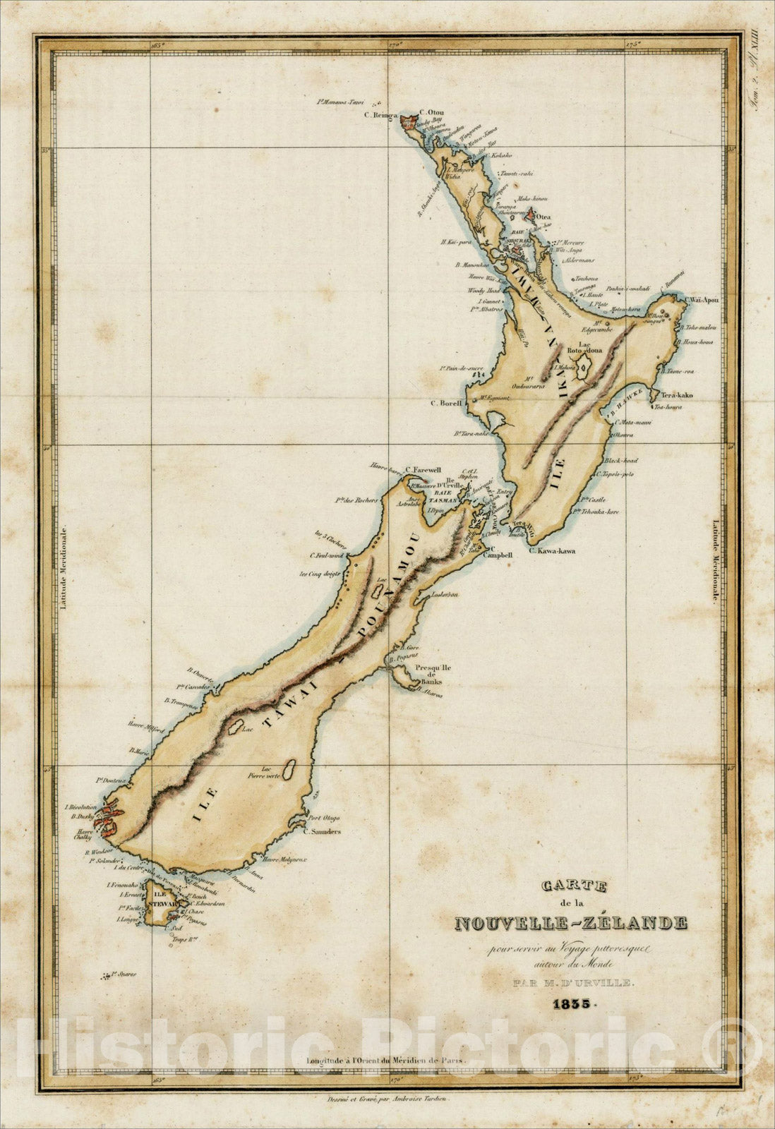 Historic Map : Carte de la Nouvelle-Zelande pour Servir au Voyage Pittoresque autour du Monde, 1835, 1835, Jules Sebastian Cesar Dumont-D'Urville, v5, Vintage Wall Art