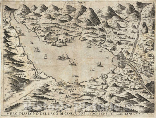 Historic Map : Vero Dissegno Del Lago Di Geneva Con i Luoghi Chel Circondao, c1590, Giacomo Franco, Vintage Wall Art