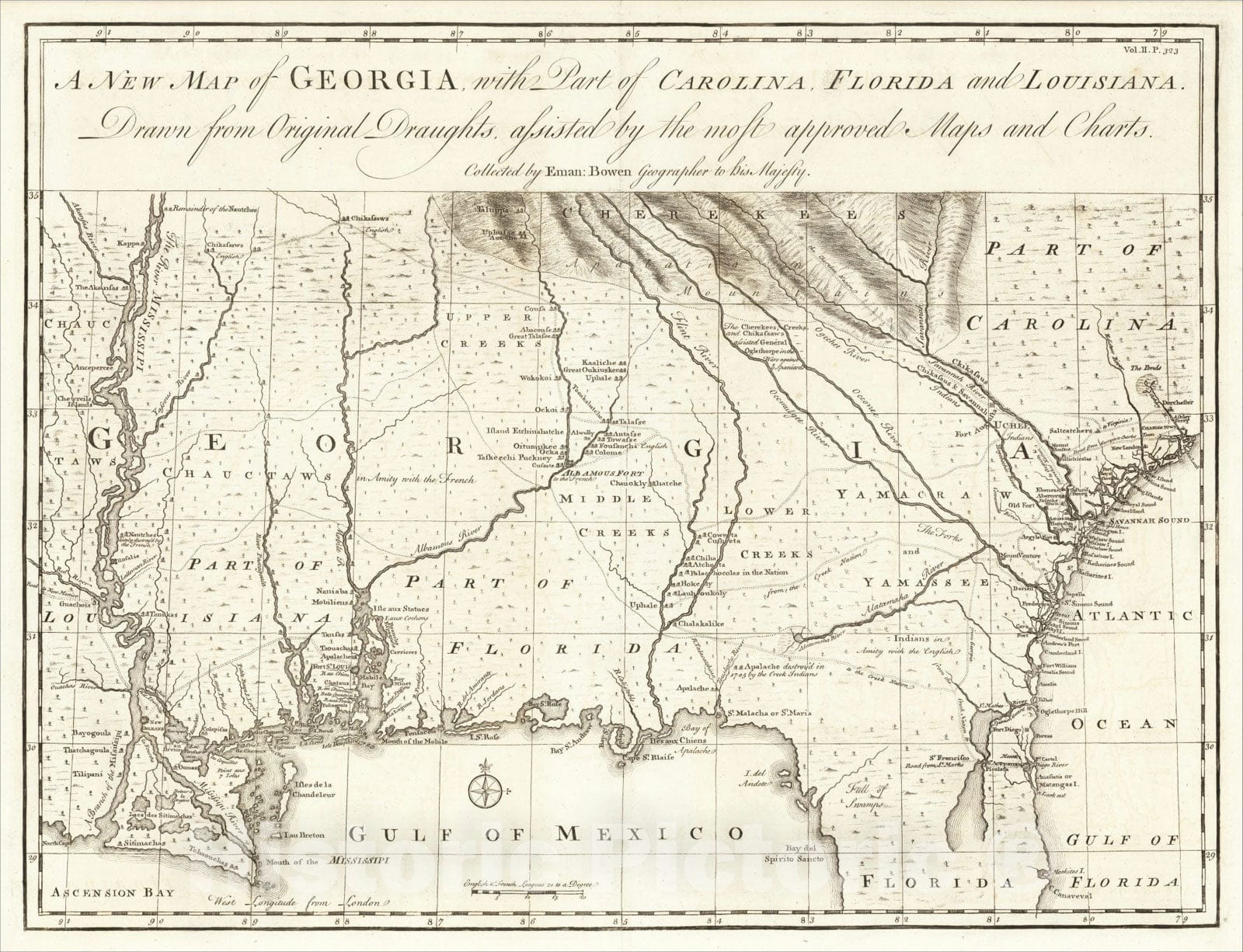 Historic Map : A New Map of Georgia, with Part of Carolina, Florida and Louisiana, 1748, Emanuel Bowen, Vintage Wall Art