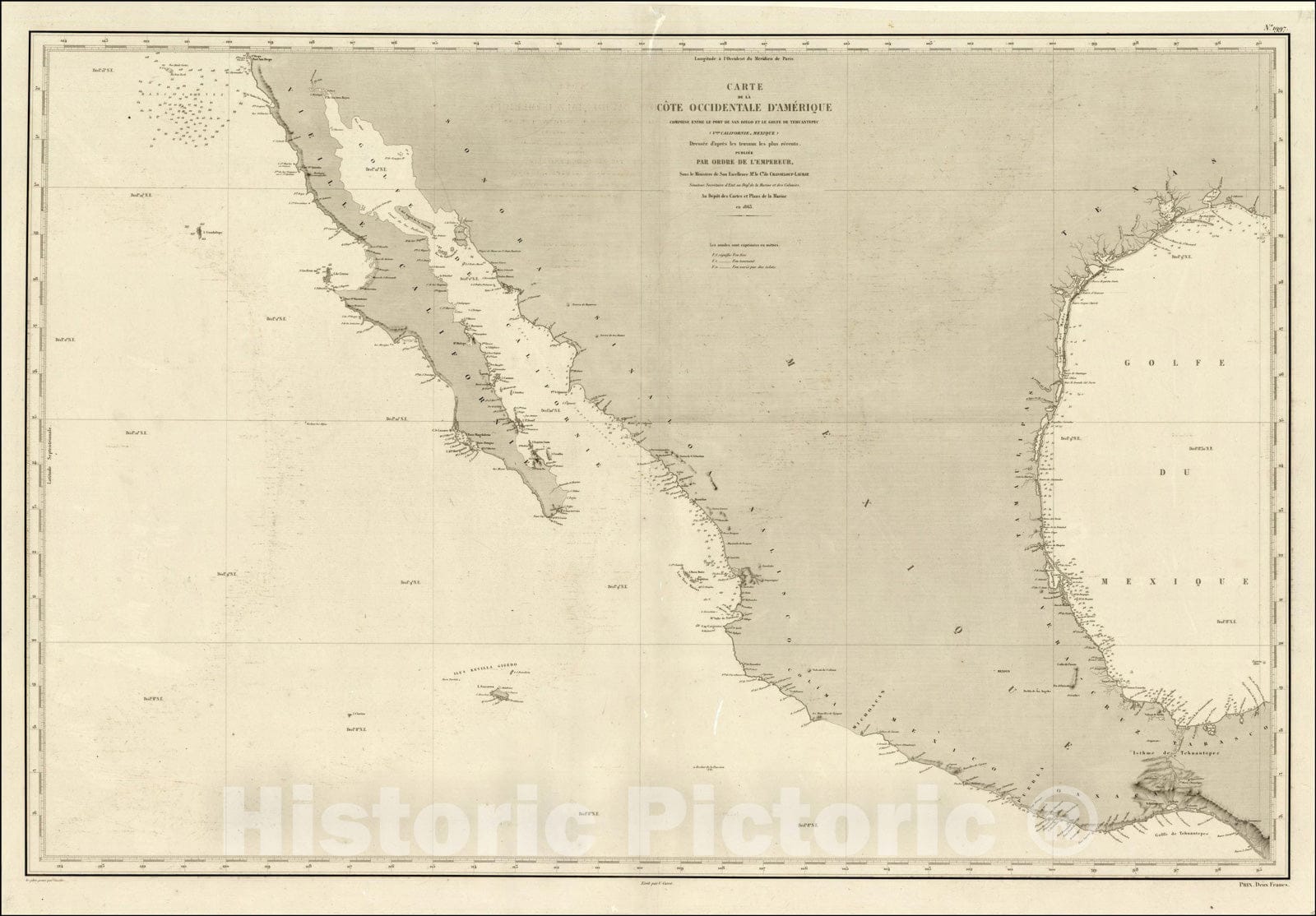 Historic Map : Carte de la Cote Occidentale D'Amerique Comprise Entre le Port de San Diego et le Golfe de Tehuantepec, 1863, Depot de la Marine, Vintage Wall Art