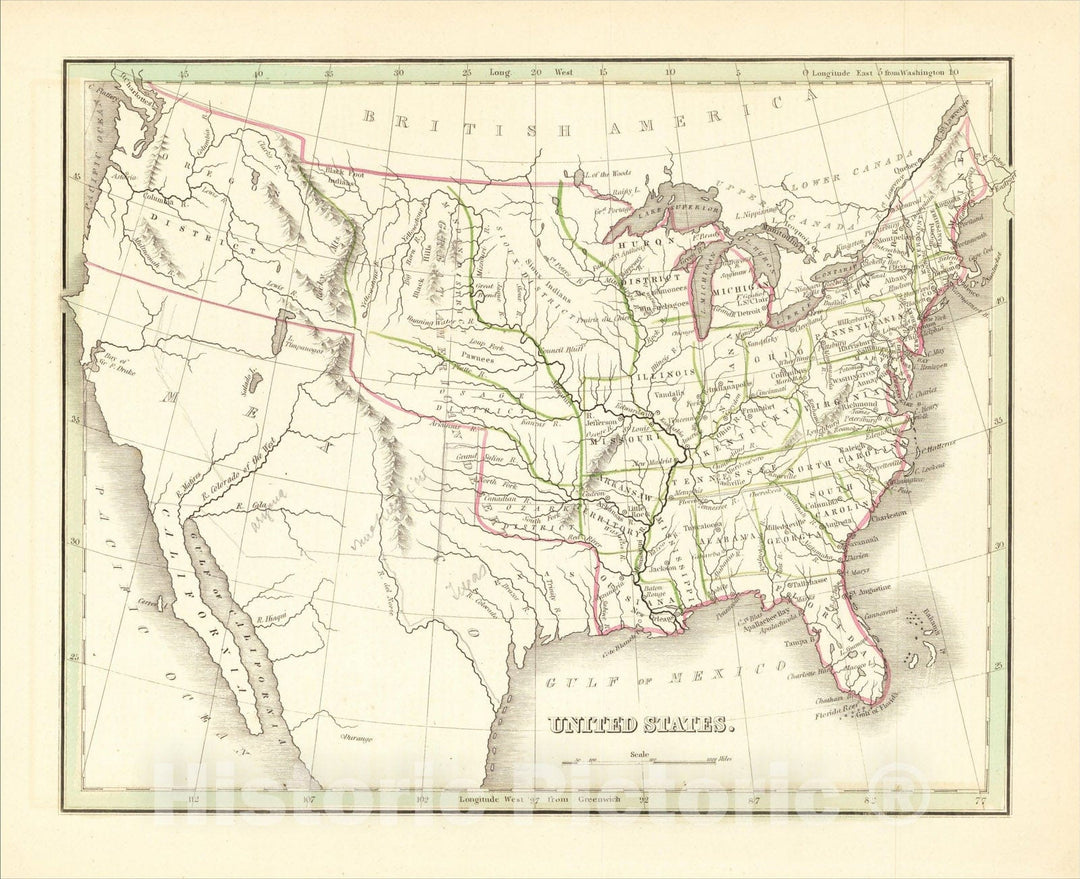 Historic Map : United States, 1835, Thomas Gamaliel Bradford, Vintage Wall Art