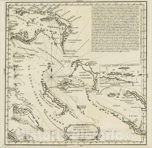 Historic Map : Carta Reducida de las Islas Lucayas, o de Los Lucayo, 1782, 1782, Don Juan Lopez, Vintage Wall Art