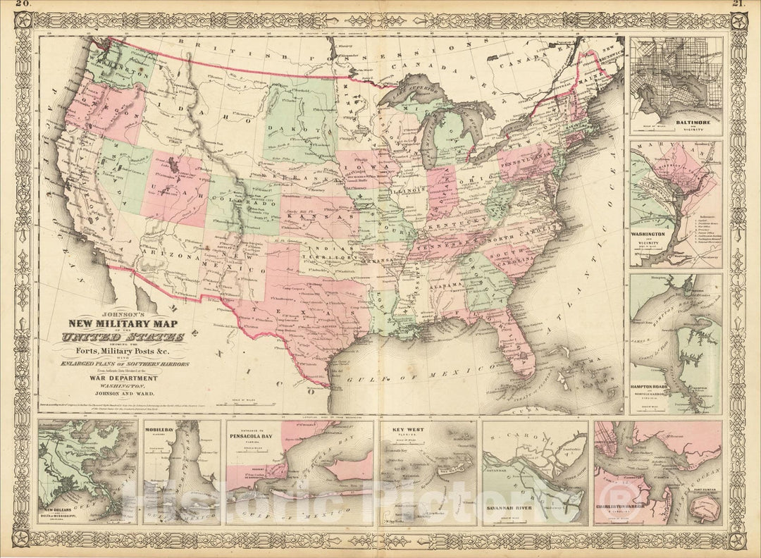 Historic Map : Johnson's New Military Map of the United States Forts, Military Posts with Enlarged Plans of the Southern Harbors, 1864, Benjamin P Ward, v2, Vintage Wall Art