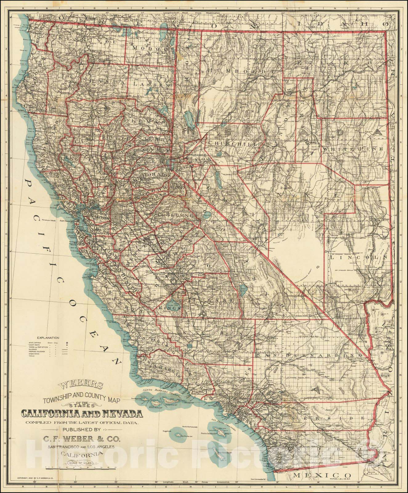 Historic Map : Webers Township and County Map of California and Nevada Compiled From The Latest Official Data, 1902, 1902, C.F. Weber Co., Vintage Wall Art