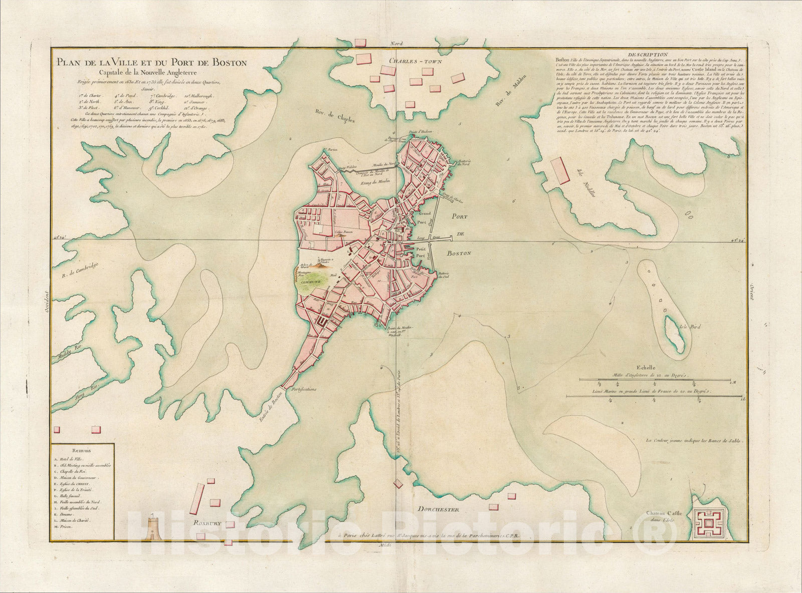 Historic Map : Plan de la Ville et Du Port de Boston Capitale de la Nouvelle Angleterre, c1764, Jacques Nicolas Bellin, Vintage Wall Art