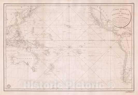 Historic Map : Carte Reduite du Grand Ocean compris entre L'Asie et L'Amerique, Redigee d'apres les Observations plus recentes, 1797 Corrigee en 1818., 1818, , Vintage Wall Art