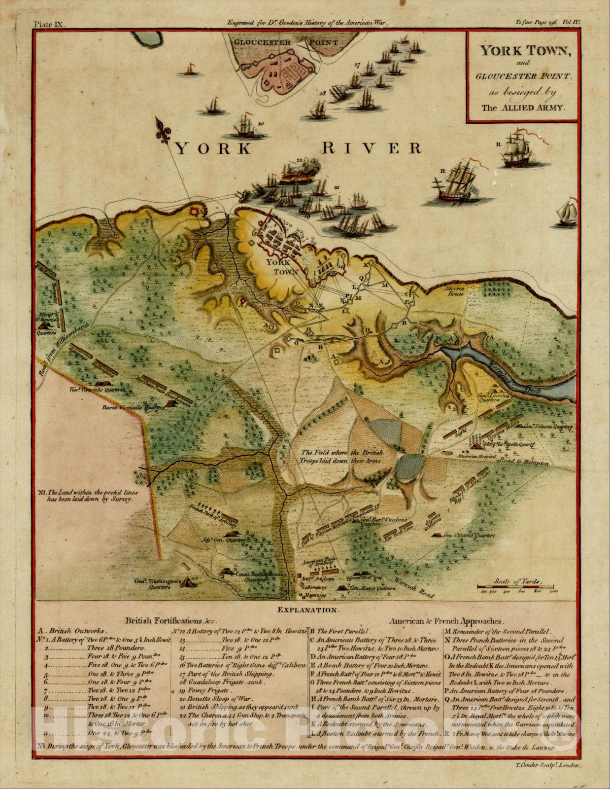 Historic Map : York Town, and Gloucester Point. As besieged by The Allied Army, 1788, Thomas Gordon, Vintage Wall Art