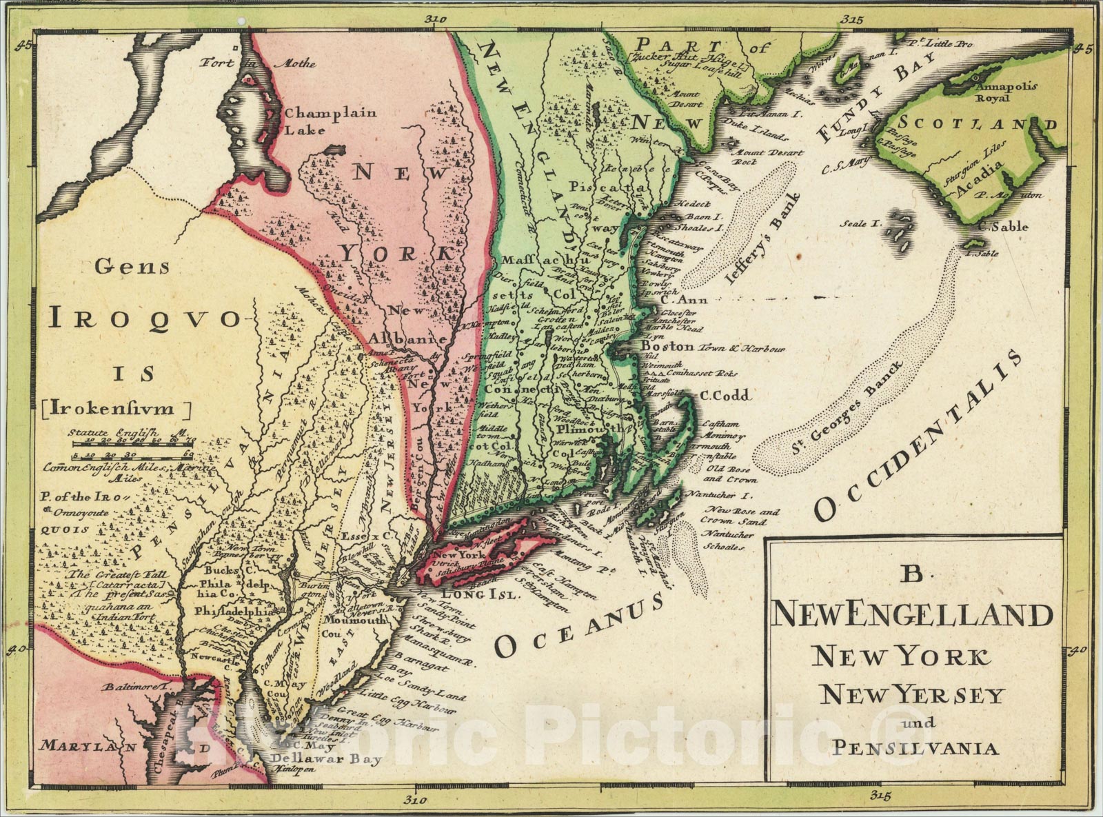 Historic Map : [Early Postal Routes in The Colonies] New Engelland New York New Yersey und Pensilvania, 1730, Johann Baptist Homann, Vintage Wall Art
