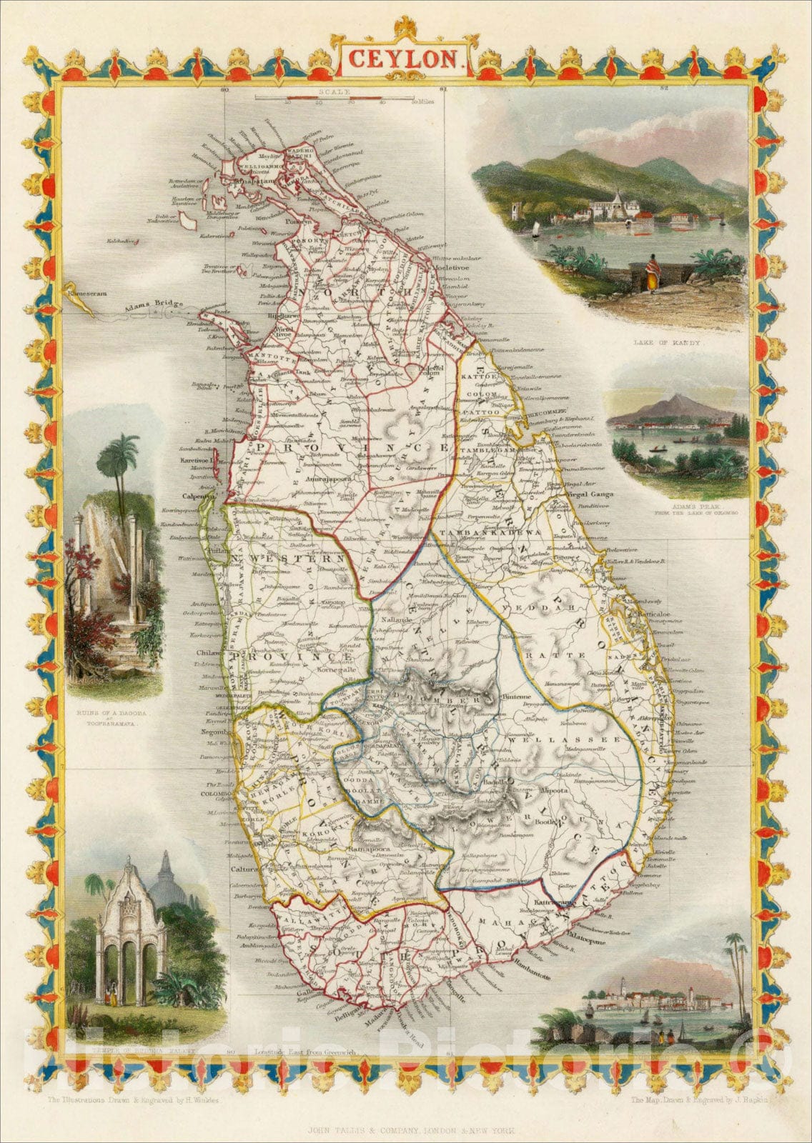 Historic Map : Ceylon, 1851, John Tallis, v6, Vintage Wall Art