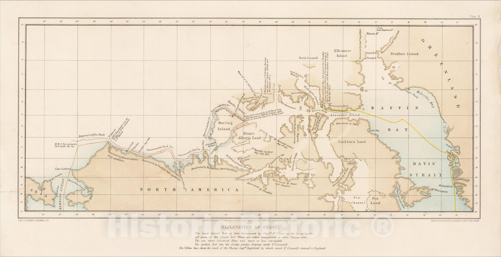 Historic Map : [Chart of the Northwest Passage Showing the Route of the Investigator], 1854, Samuel Gurney Cresswell, Vintage Wall Art
