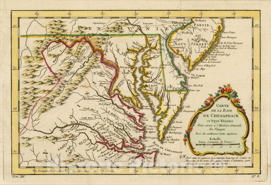Historic Map : Carte De La Baye Chesapeack et pays Voisins, 1757, Jacques Nicolas Bellin, Vintage Wall Art