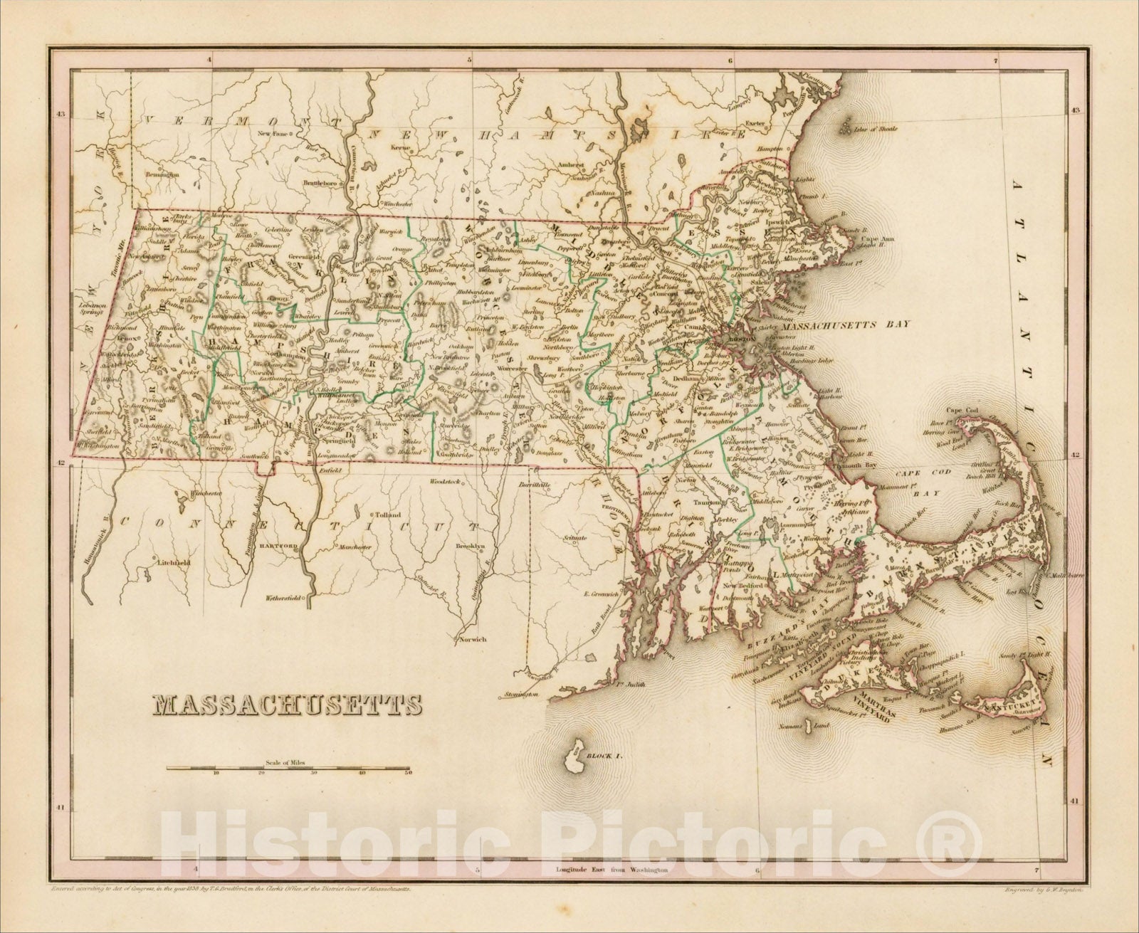 Historic Map : Massachusetts, 1838, Thomas Gamaliel Bradford, Vintage Wall Art