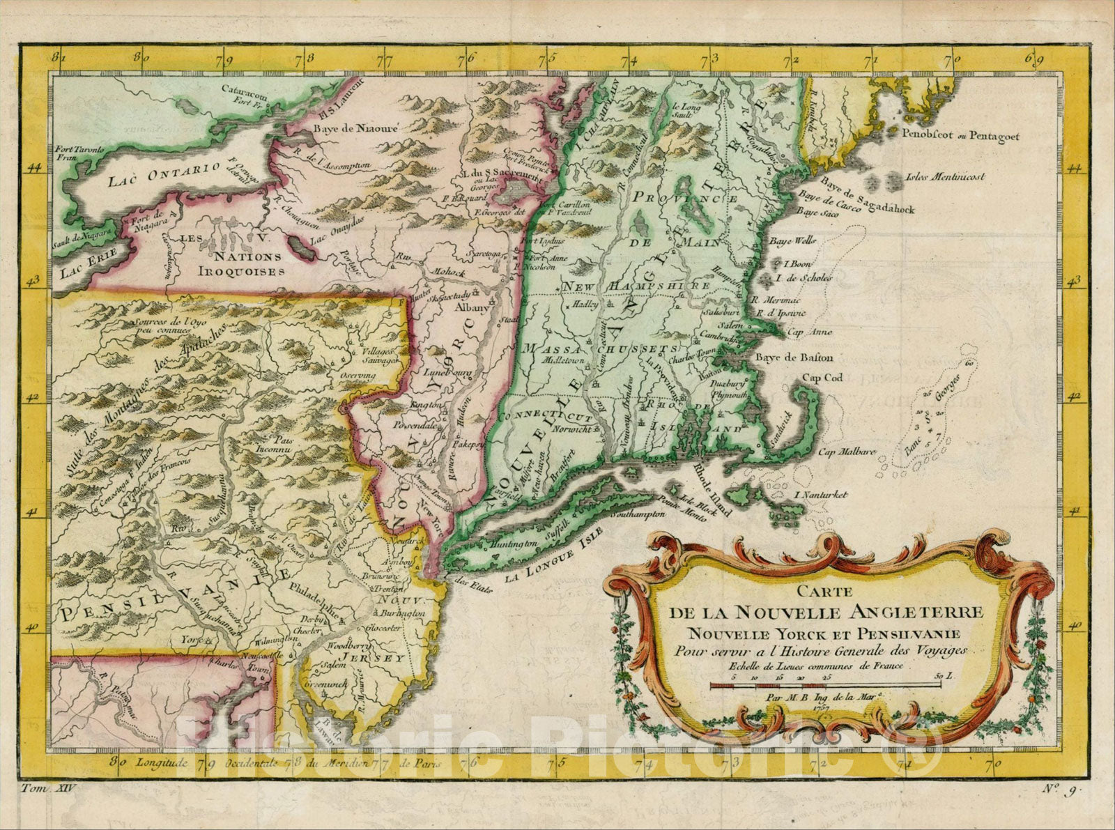 Historic Map : Carte De La Nouvelle Angleterre, Nouvelle Yorck et Pensilvanie . . .1757, 1757, Jacques Nicolas Bellin, Vintage Wall Art