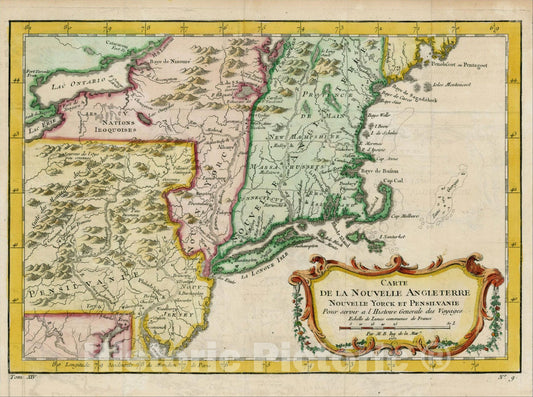 Historic Map : Carte De La Nouvelle Angleterre, Nouvelle Yorck et Pensilvanie . . .1757, 1757, Jacques Nicolas Bellin, Vintage Wall Art