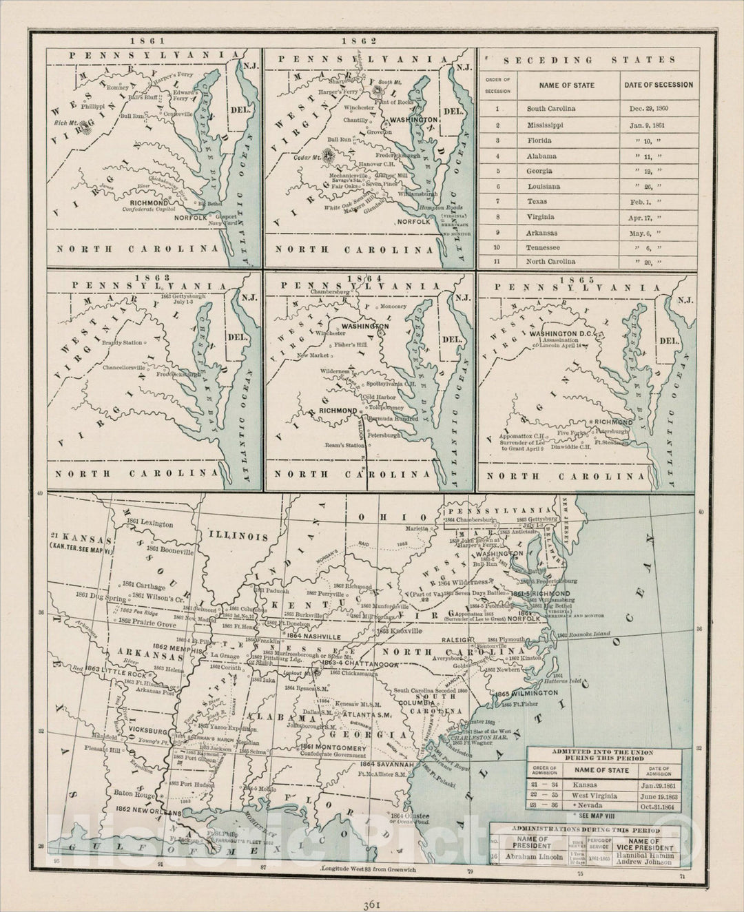 Historic Map : Map showing the Eastern portions of the United States and Pennsylvanias territories for the years 1861 to 1865, 1892, George F. Cram, Vintage Wall Art