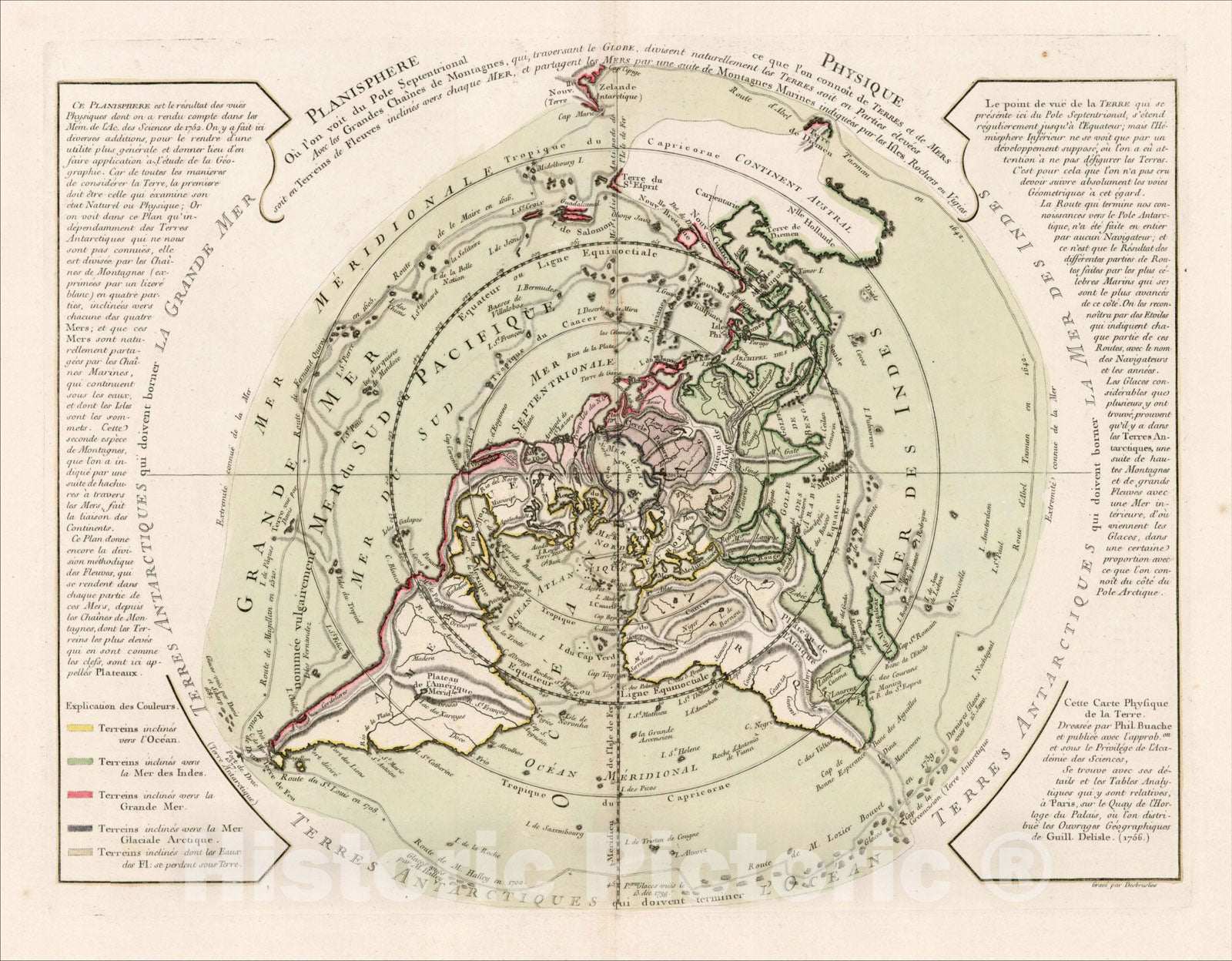 Historic Map : Planisphere Physique ou l'on voit du Pole Septentrional ce que l'on connoit de Terres et de Mers Avec les Grandges Chaines, 1756, , Vintage Wall Art