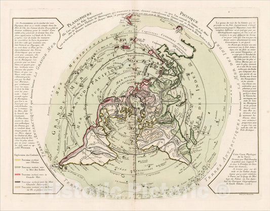 Historic Map : Planisphere Physique ou l'on voit du Pole Septentrional ce que l'on connoit de Terres et de Mers Avec les Grandges Chaines, 1756, , Vintage Wall Art