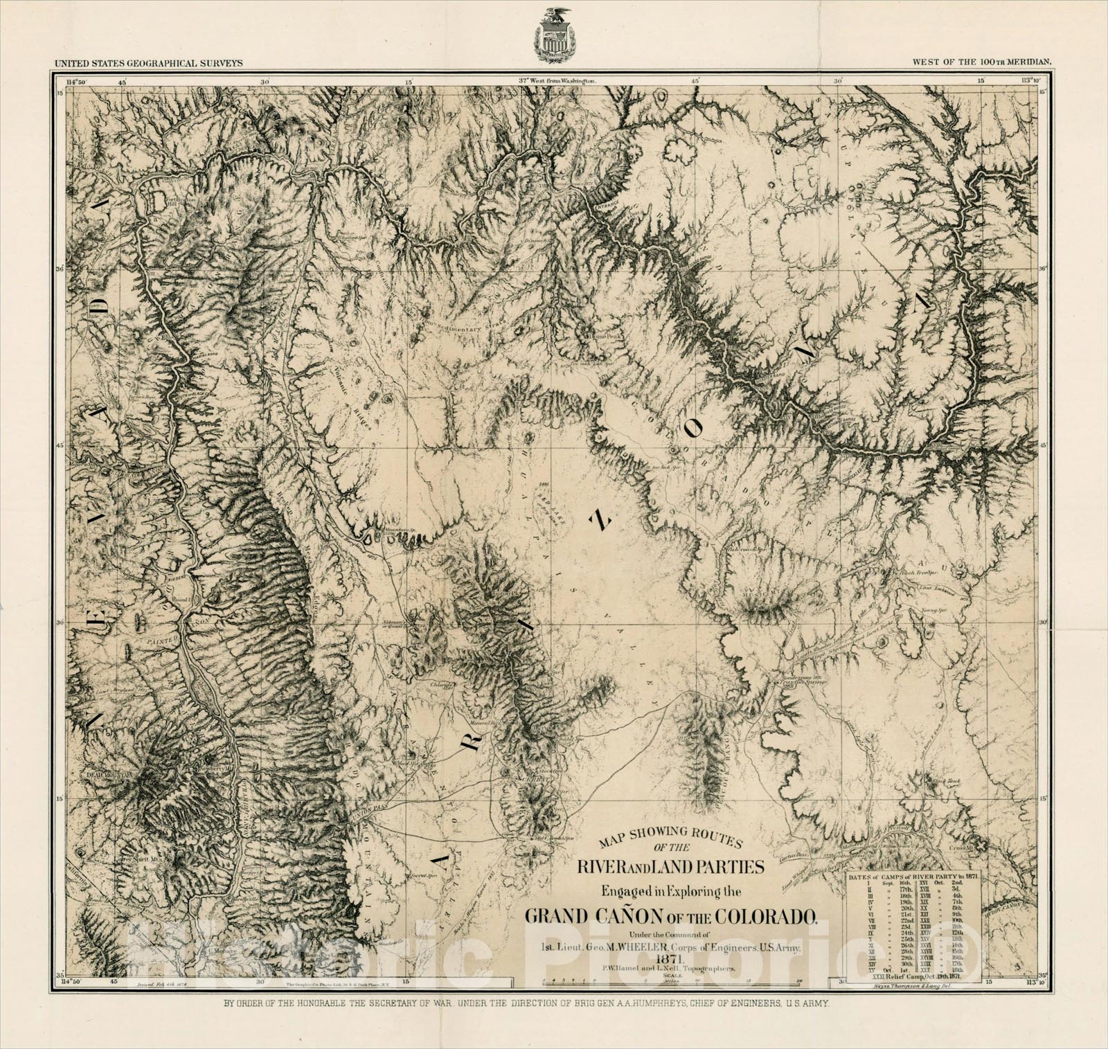 Historic Map : Map Showing Routes of the River and Land Parties Engaged in Exploring the Grand Ca?n of the Colorado 1871, 1871, George M. Wheeler, v3, Vintage Wall Art