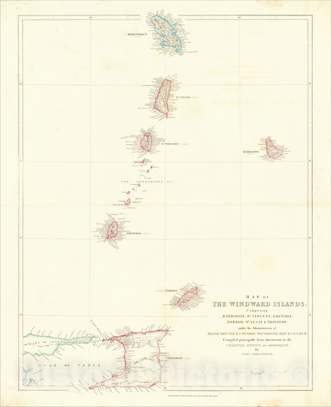 Historic Map : Map of The Windward Islands; Comprising Barbados, St. Vincent, Grenada, Tobago, St. Lucia & Trinidad, 1842, John Arrowsmith, Vintage Wall Art