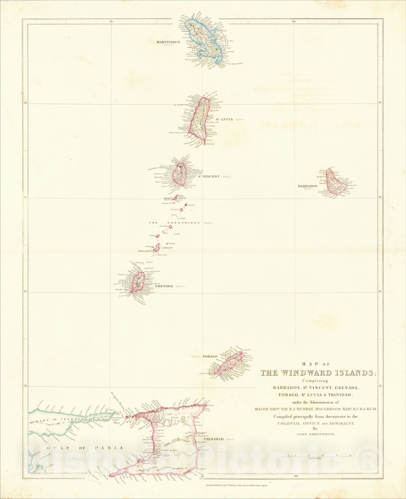 Historic Map : Map of The Windward Islands; Comprising Barbados, St. Vincent, Grenada, Tobago, St. Lucia & Trinidad, 1842, John Arrowsmith, Vintage Wall Art