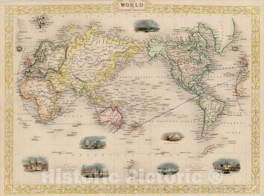 Historic Map : The World on Mercators Projection, 1851, John Tallis, v2, Vintage Wall Art